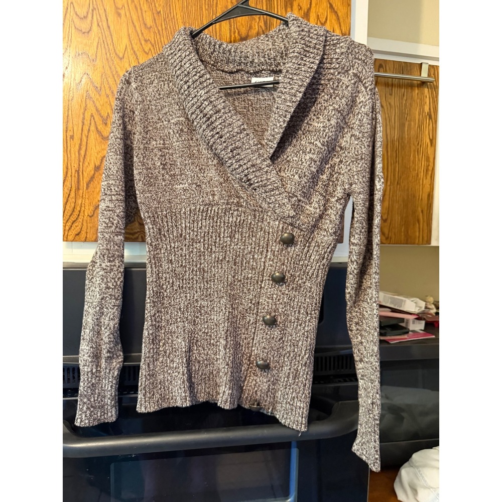 CATO‎ Womens Brown Marled Knit Shawl Collar Side Button Ribbed Waist Sweater L